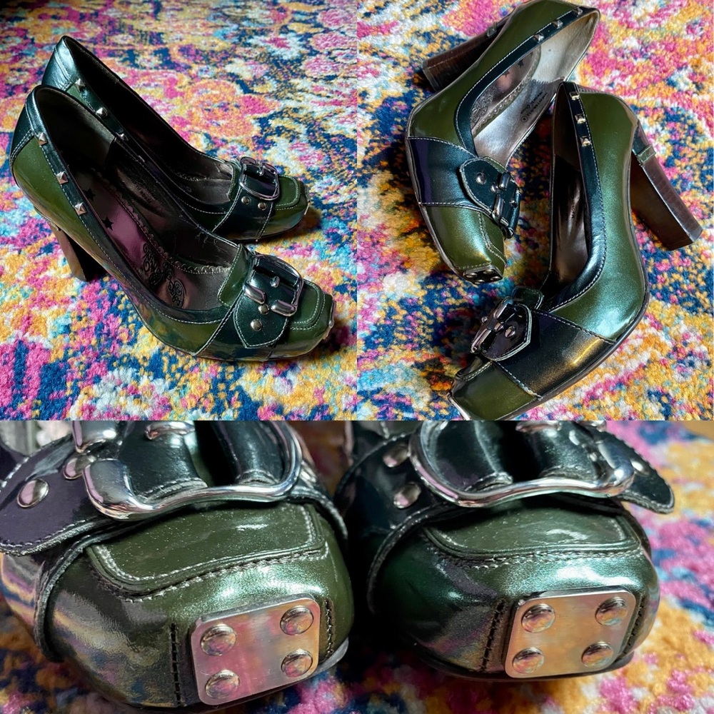 Naughty Monkey METALLIC Green Buckle Pyramid Studded pumps heels SZ 8 EMO METAL🖤
